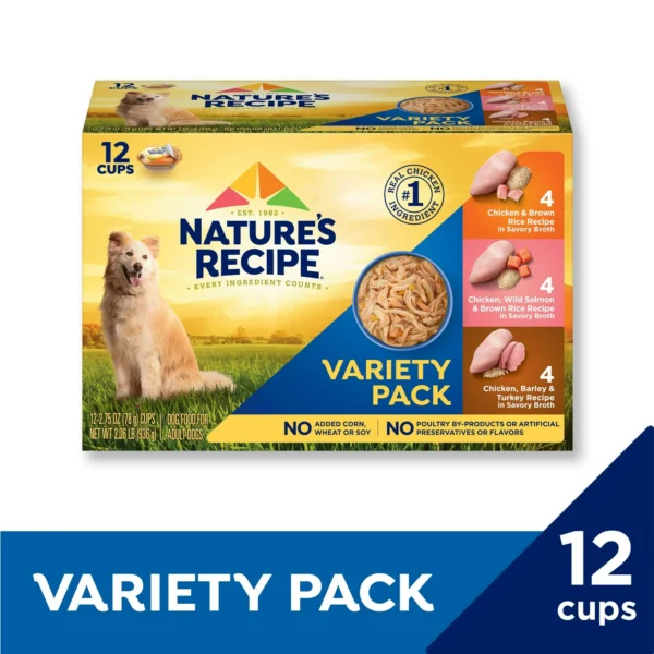 Nature’s Recipe Chicken, Salmon and Turkey Recipes Variety Pack Wet Dog Food, 2.75 oz. Cup, 12 Count